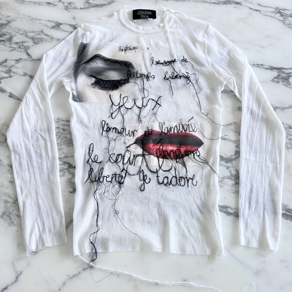 Jean Paul Gaultier Maille Face Graphic Embroidered Sheer Top White Long Sleeve M